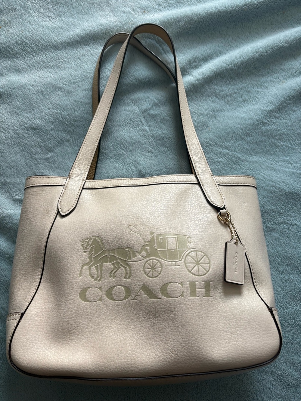 Coach Cream Leather Medium Size Leather Tote With Embossed Horse & Carriage Logo